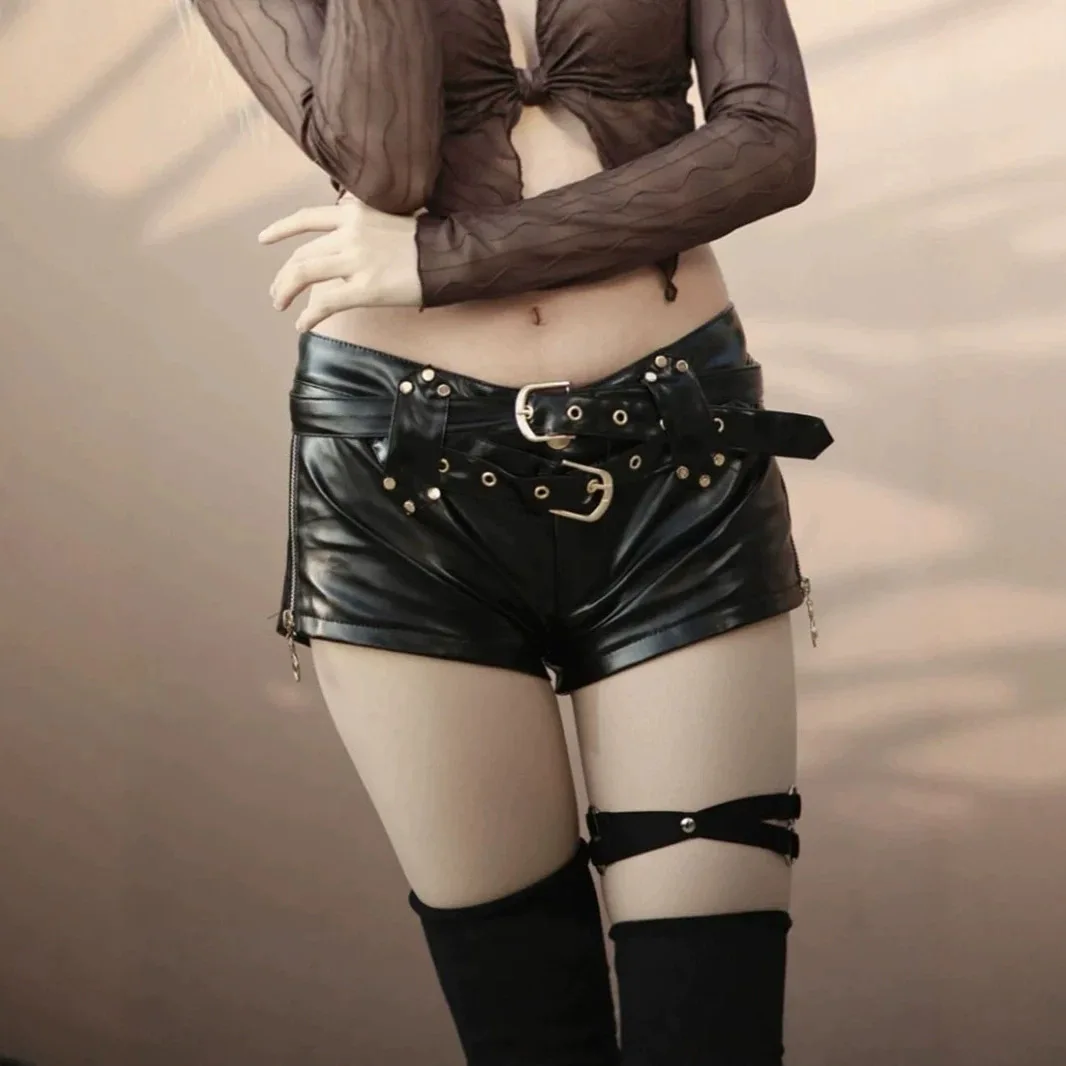 New Super Short Low-rise PU Imitation Leather Shorts Women's Casual Hot Pants Micro-elastic Belt Spice Girls Booty Shorts