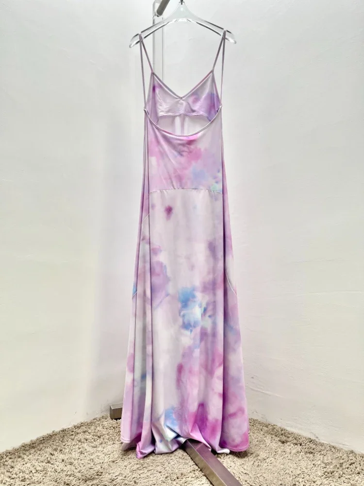 2024 New Arrivals Spring Summer High Quality Lilac Tie-dye Hollow Out Backless Sleeveless Sling Maxi Dress