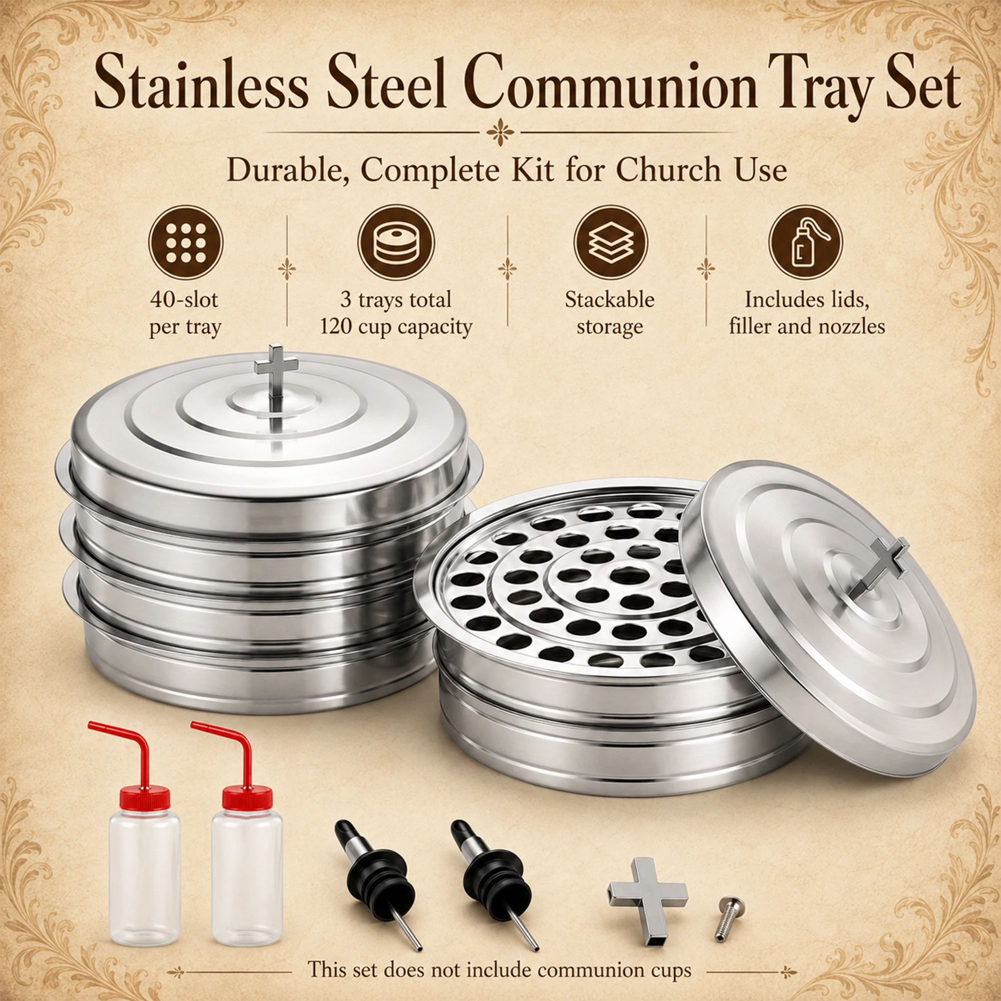 Holy Communion Trays 3 Sets Stainless Steel Communion Ware with Cover and Cup Filler, Stackable Church Serving Trays Removable Insert Holds 40 Cups, Communion Supplies for Church Worship Baptism Wedding and Gatherings