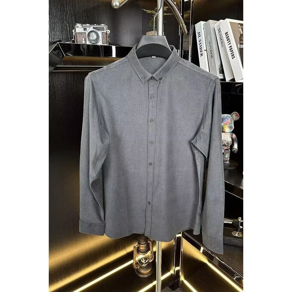

Casual Long Sve Corduroy irt Men's Loose Fit ey Versatile Autumn Outerwear Button Detail Polyester Cotton Blend