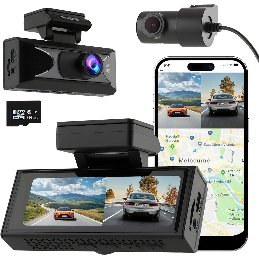 

4K Cam ront and Rear, Wirelcam or Cars with Wii & Night Vision, Dual Channel Car Camera Recorder, 24H Parking e, Loop Recording,