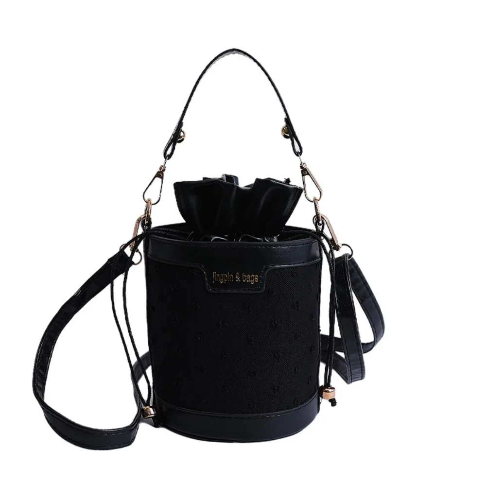 

Cute Korean Style Drawstring Bucket Bag Cylindrical Solid Color Pu Shoulder Bag Handheld Handbag Crossbody Bag Outdoor