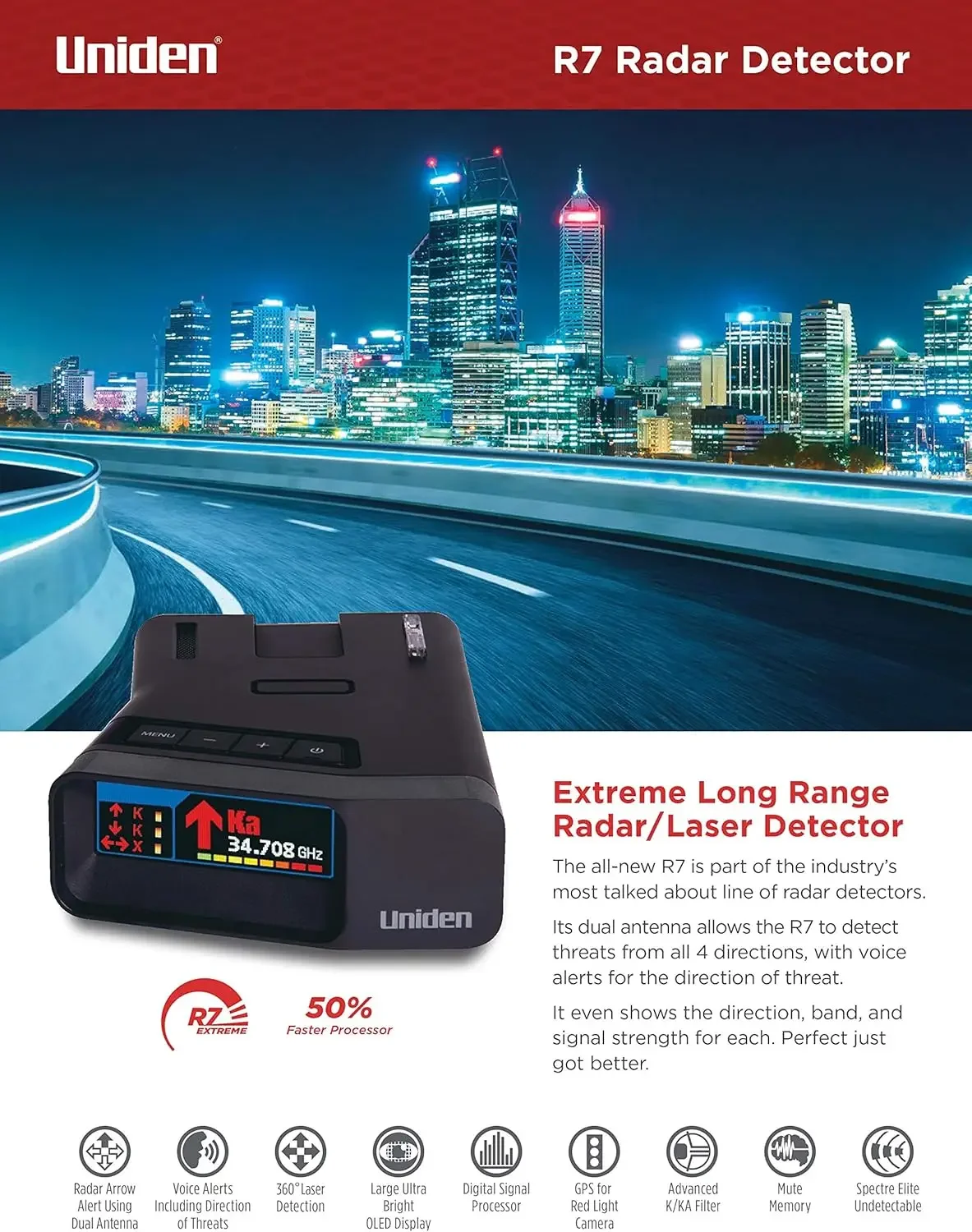 EXTREME LONG RANGE Laser/Radar Detector, Built-in GPS, Real-Time Alerts, Dual-Antennas Front & Rear w/Directional Arro