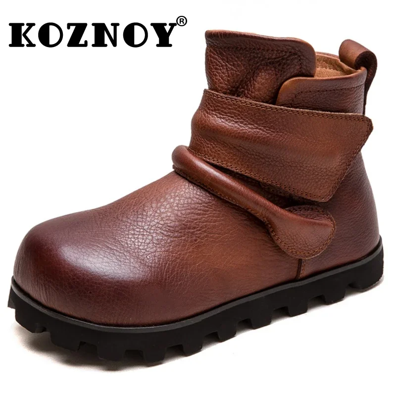 Koznoy 2cm Cow Genuine Leather Boots Ladies Spring Autumn Motorcycle Women Hook Chimney Fashion Ankle Booties Moccasins Shoes