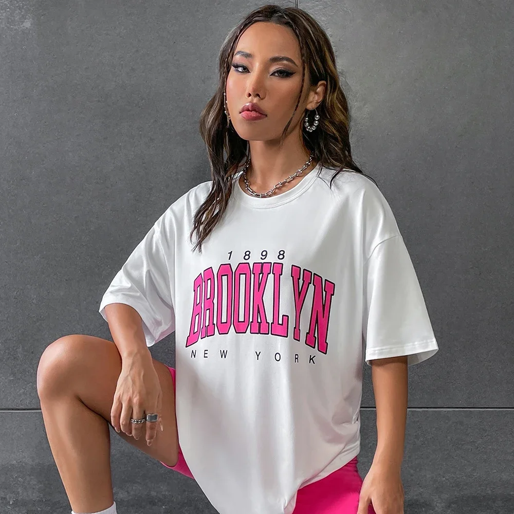 Brooklyn Print T-Shirt Women O Neck Pullover Vintage High Street Wear Base Layer T-shirt Outfits Summer Female Blouse Y2k Tops