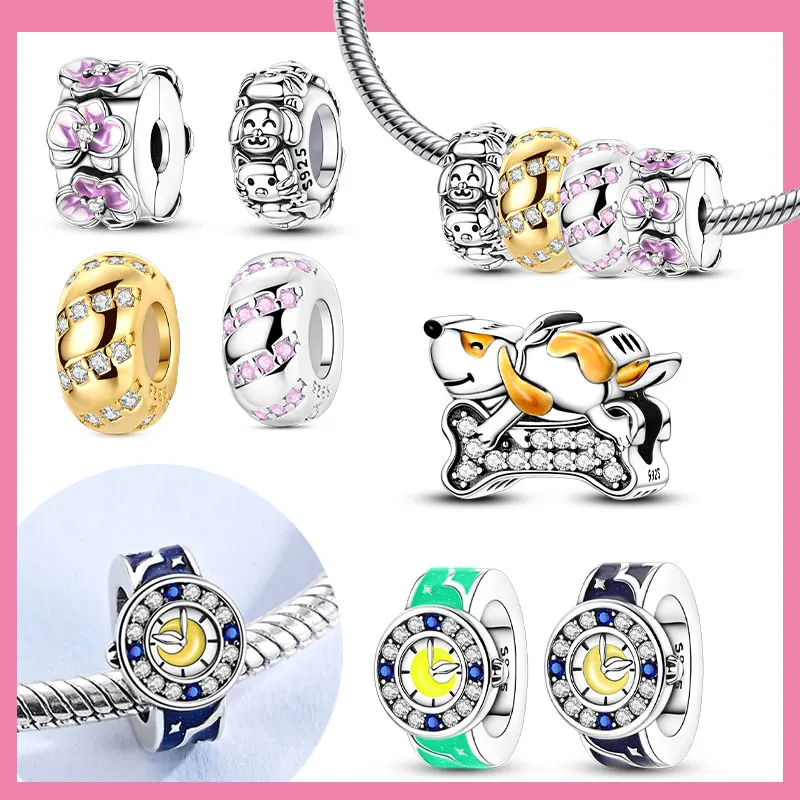 

Часы из стерлингового серебра 925 пробы со светящейся звездой и луной, золотые милые бусины для позиционирования домашних животных, висячие подвески, ювелирные изделия, подходят для женщин, изготовление подарков