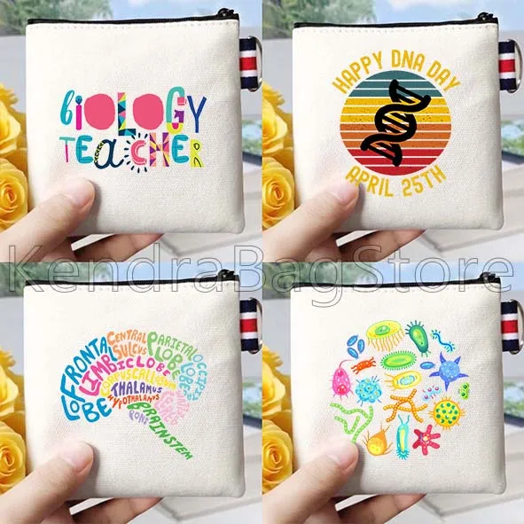Funny Science Biology School Teacher Gifts Cute DNA Biologist Canvas Coin Purse Bag Key Storage Card Bags Cartoon Wallet Pouch