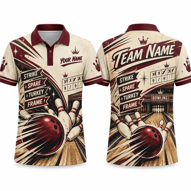 Custom Bowling Polo Shirt Personalized Name Team Name Bowling Strike Graphic Short Sleeve Jersey League Tournament Team Uniform