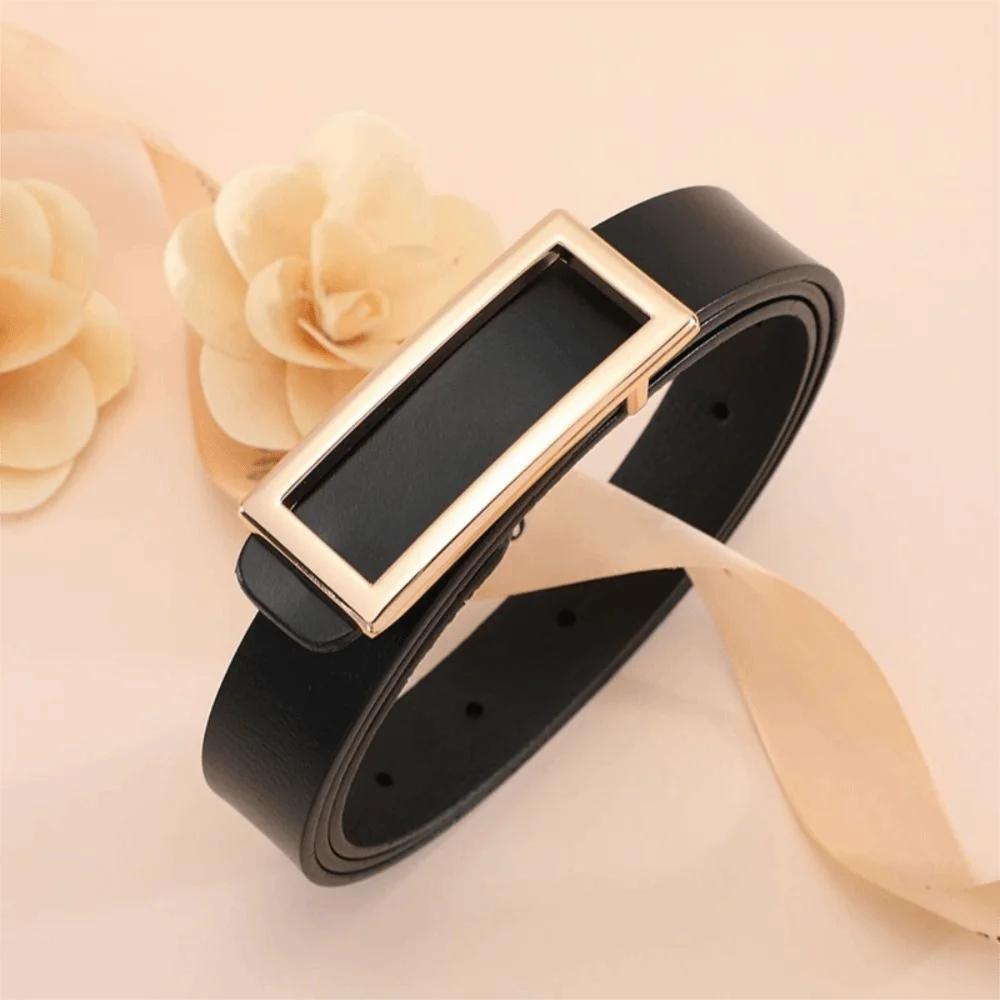 Casual Fashion Genuine Leather Belts Rectangle Buckle Elegant Skinny Thin Belt Adjustable Decorative Narrow Belt Student