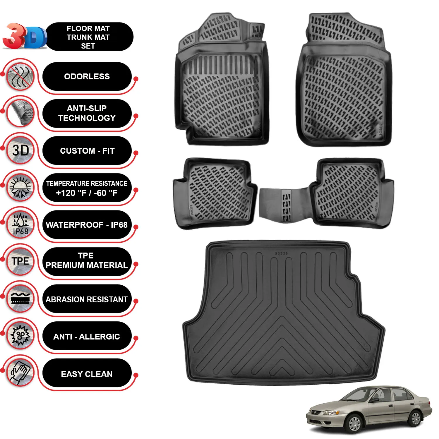 Toyota Corolla - (1998-2002) - Floor Mats + Cargo Trunk Liner - SET - (Black)