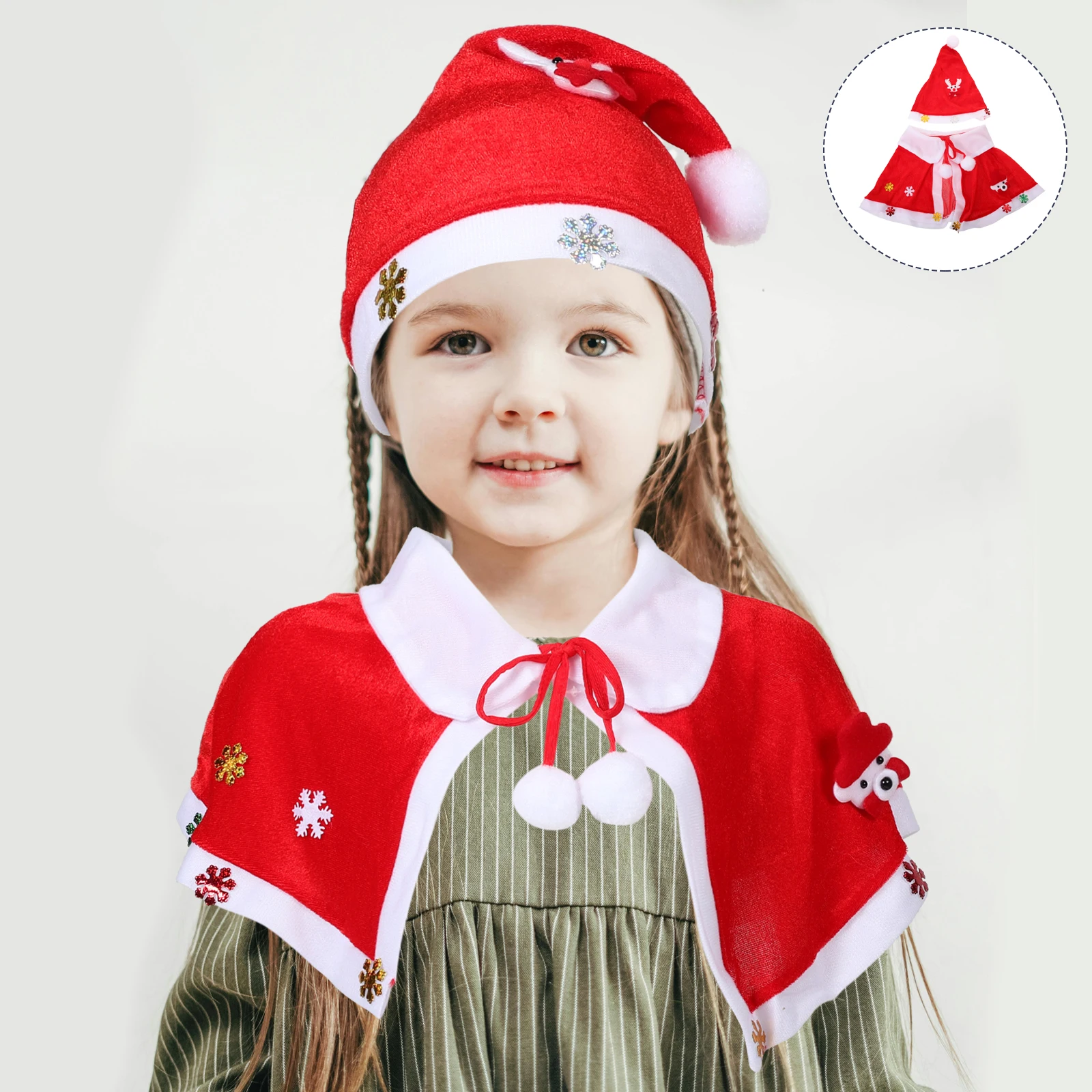 

1 Set Kids Christmas Costume: Soft Red Hooded Cape Santa Hat Holiday Party Outfit Easy-Wear Warm Xmas Cloak Cosplay Accessory