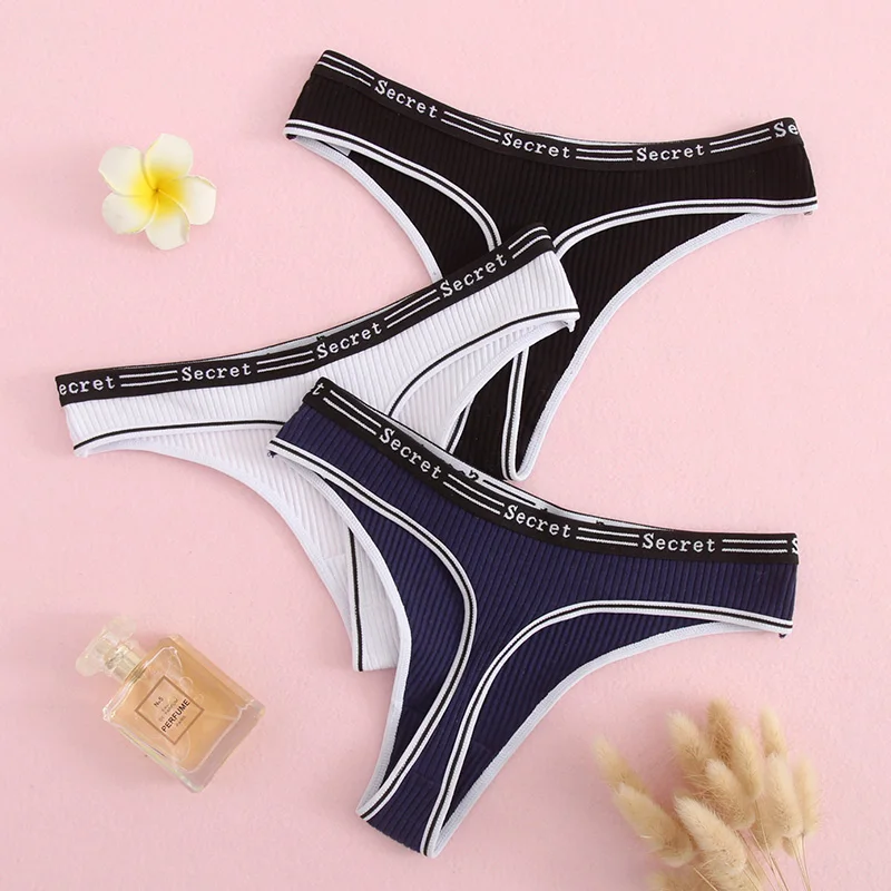 Women\'s Cotton Thongs Low Waist Sexy G String Solid Color Comfortable Panties Letter Printed Bowknot Decoration Female Underwear