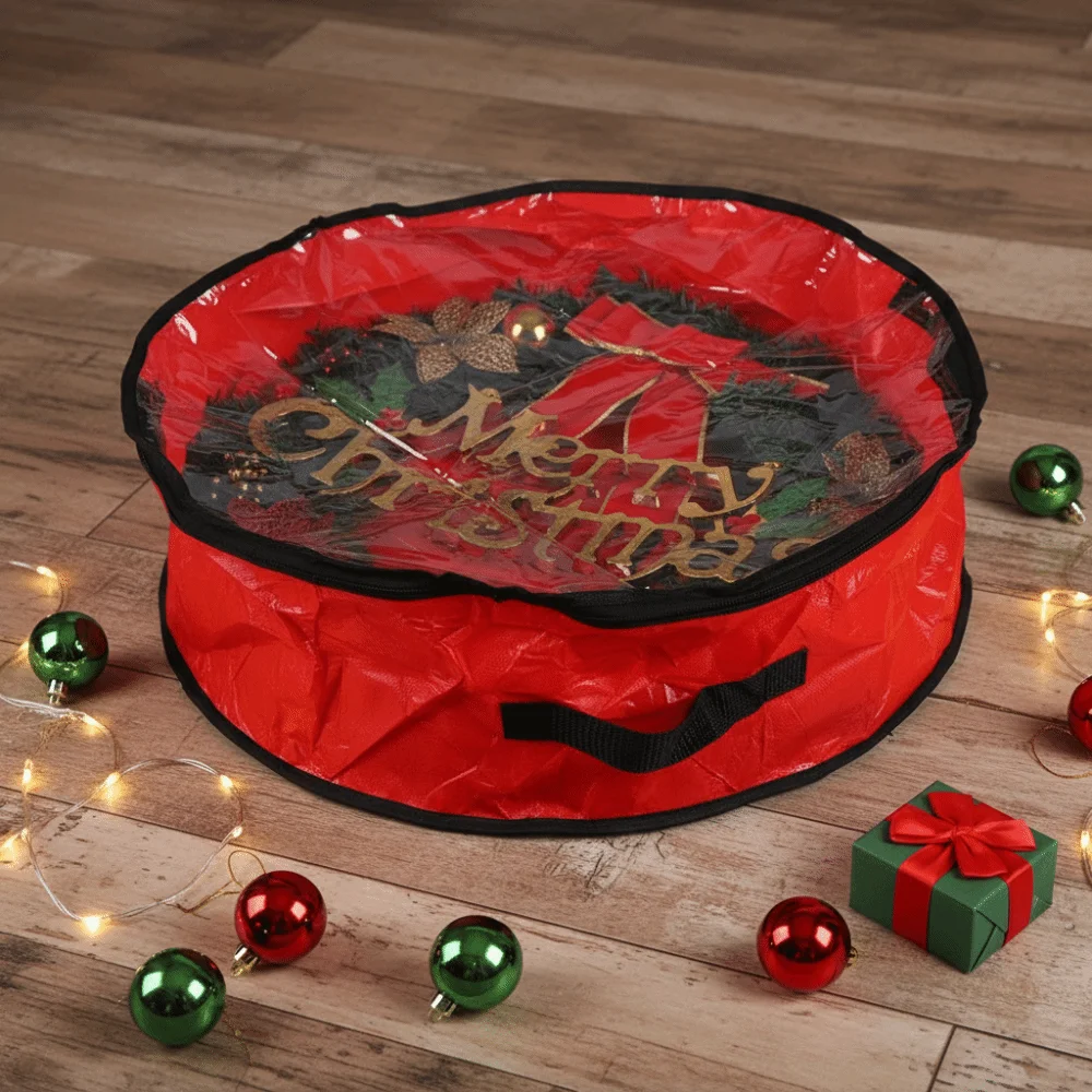 Waterproof Christmas Wreath Storage Bag Transparent Window Zipper Xmas Decor Storage Pouch Dust-proof Reusable