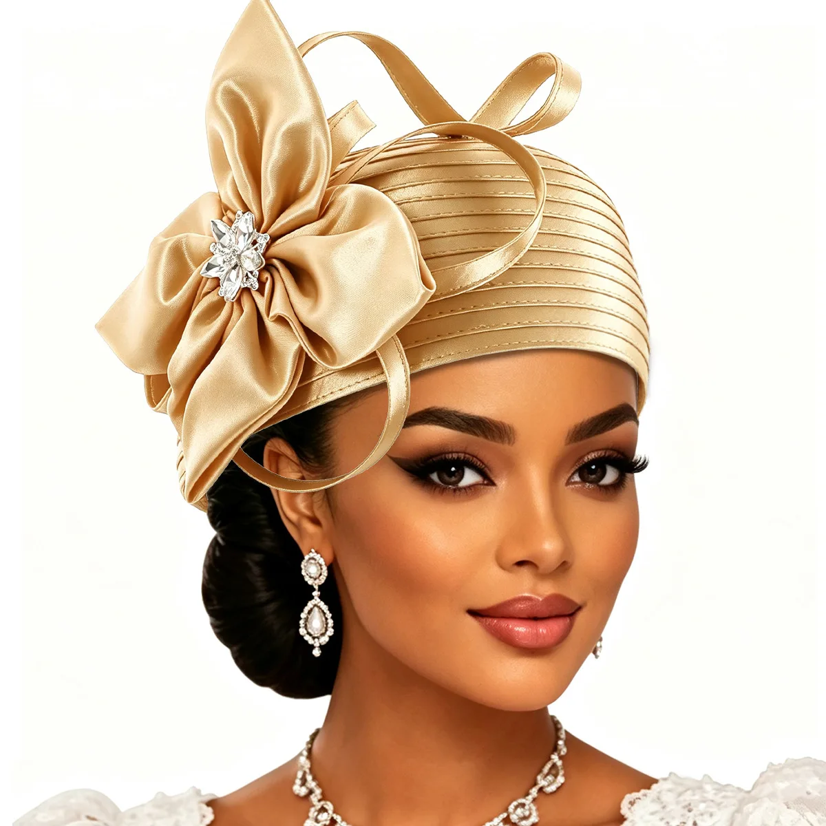 Luxury African Women Hijab Flower Bonnet Rhinestone Turban Hat Pleated Head Wrap Formal Wedding Church Tea Party Headwear Geles