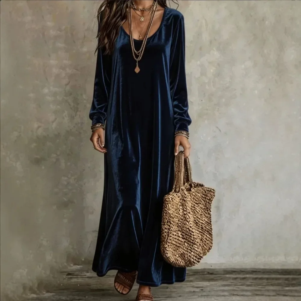 Vestido largo de terciopelo para mujer, elegante, con cuello en V, manga larga, corte en A, vestido maxi de color liso, ideal para fiestas de otoño, eventos nocturnos, uso casual y para el día a día.