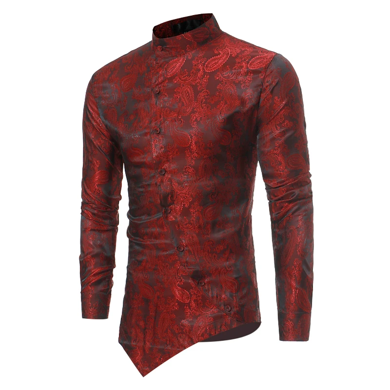 2025 New White Irregular Hem Design Personalized Long Sleeve Floral Mens Shirts, Standing Collar Jacquard Shirt,chemise Homme