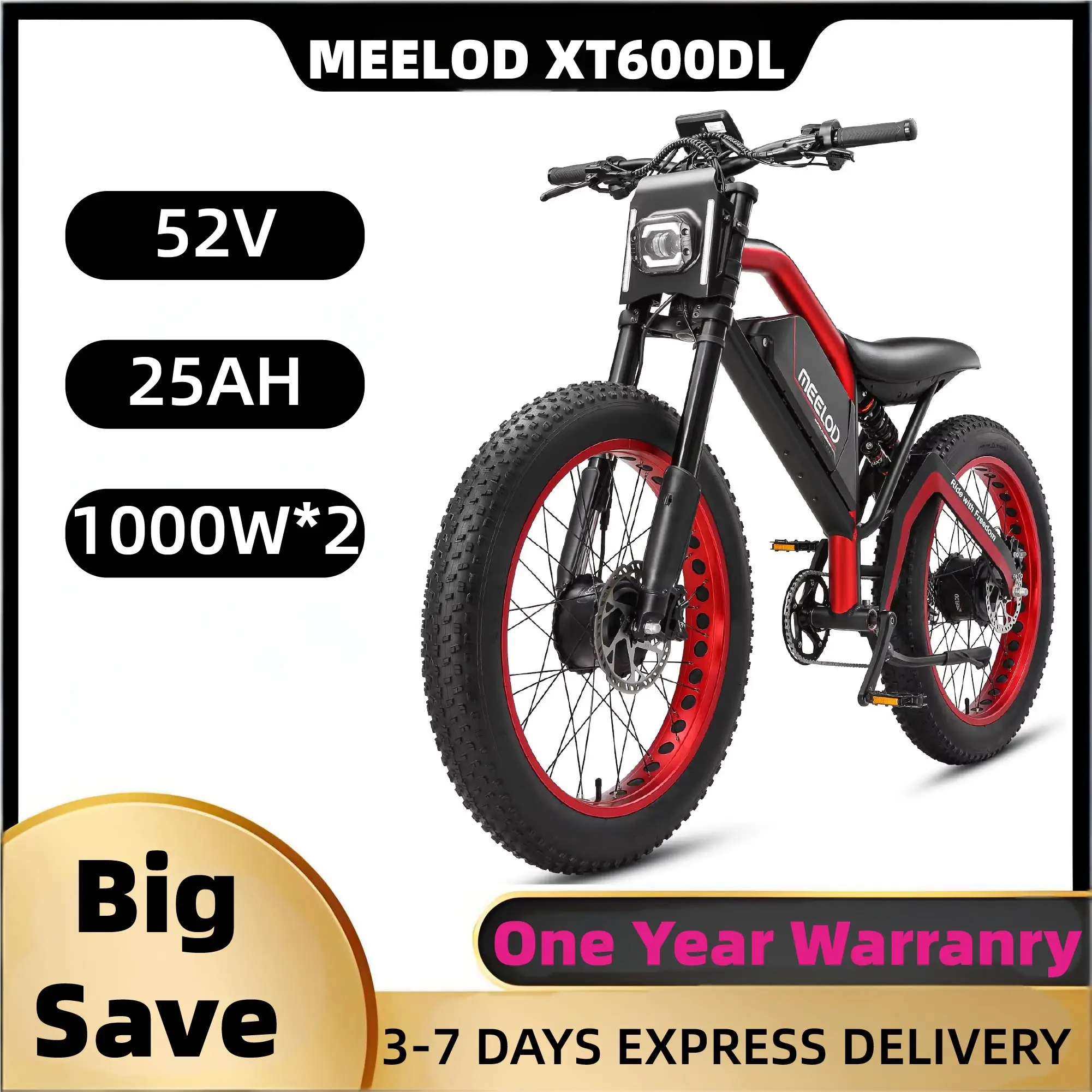 

MEELOD XT600DL adult E-bike 1000W*2 52V25Ah battery commute Electric Bike,26-inch Fat Tire E-Mountain bike
