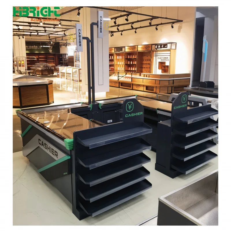 custom.Customized Convenience Store Supermarket Checkout Counter Automatic Conveyor with Cash Box Hole Available in Custom Color