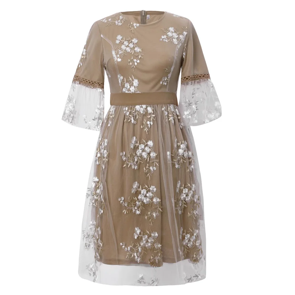 

Women's fashion long-sleeved dress high waist lace embroidered skirt simple and elegant temperament high-end vacation style even