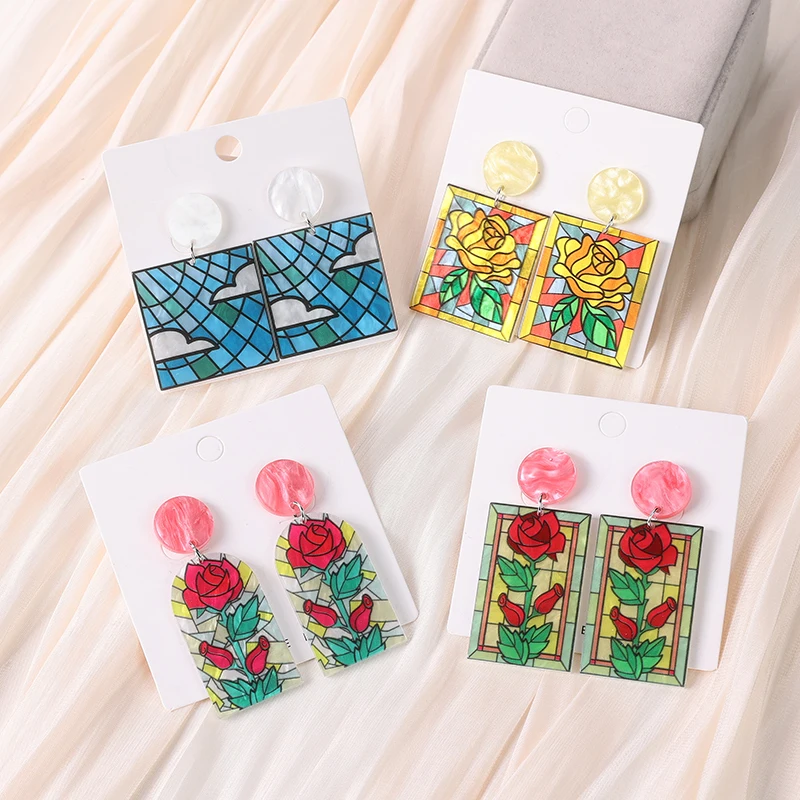 1Pair Fashion Stud Earrings Acrylic Multicolour 3D Rose Daisy Printing Jewelry Charms For Woman Girls Festival Birthday Gift