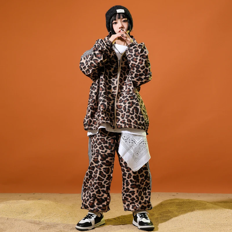 Abbigliamento hip-hop per bambini, giacca con stampa leopardata, top, pantaloni cargo tattici tascabili casual per abiti da ballo jazz per ragazza e ragazzo