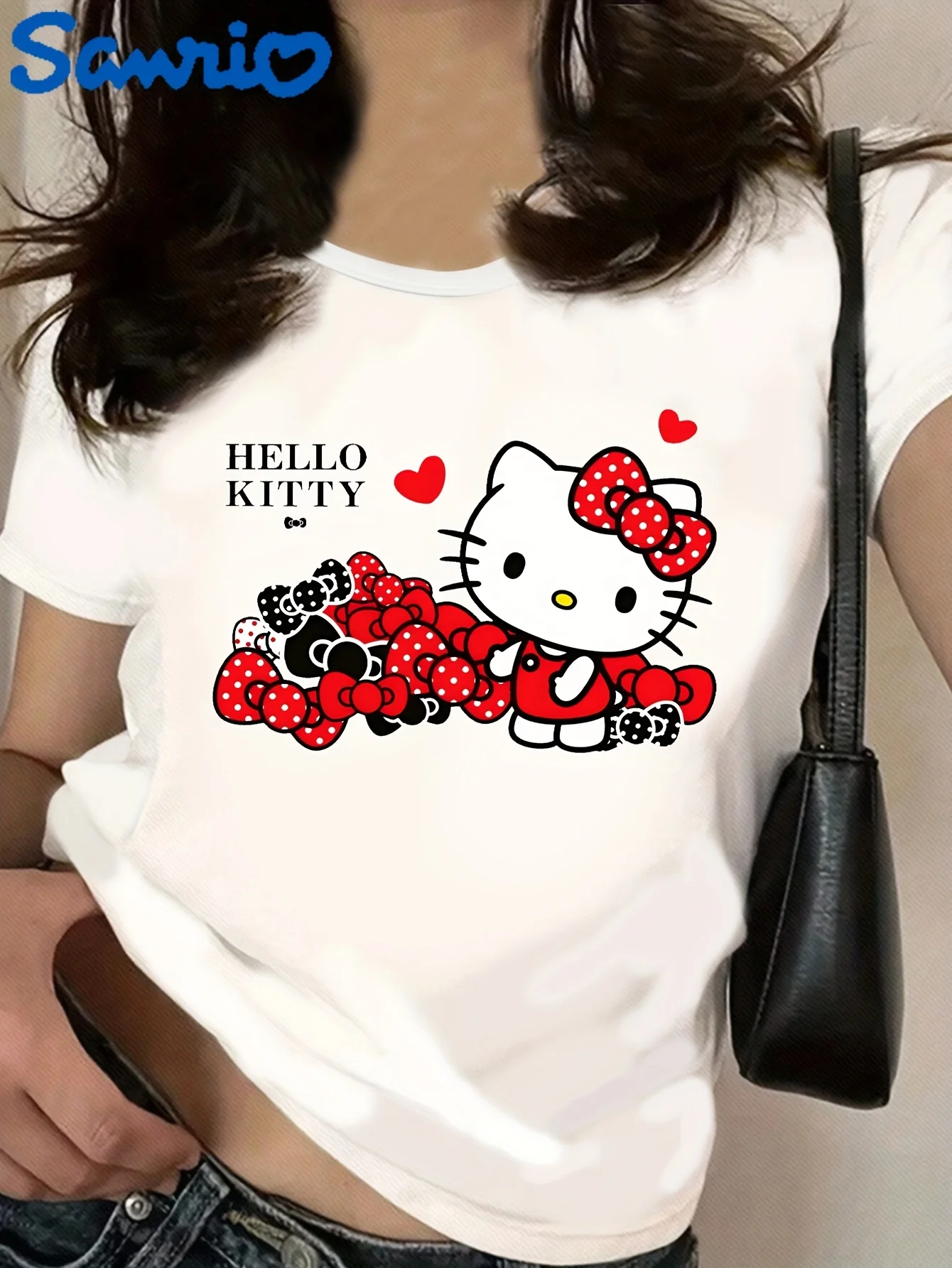 

Sanrio for Hello Kitty cartoon cute print round neck fashionable women's short-sleeved T-shirt pure four seasons bottoming