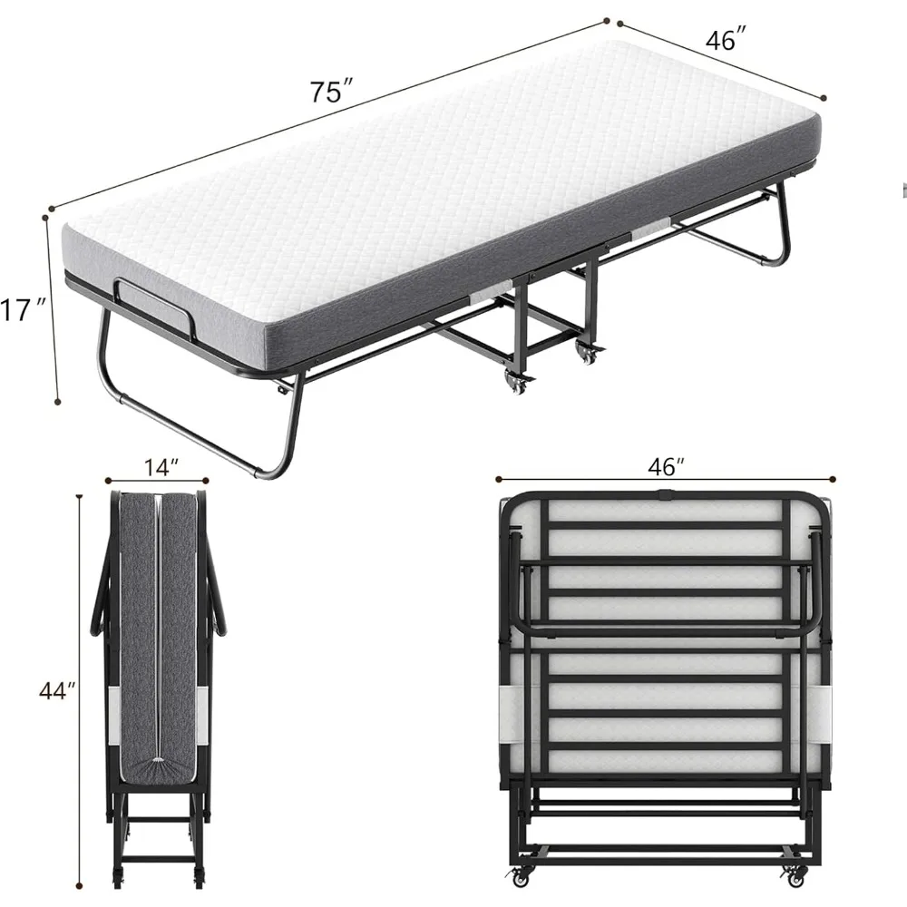 Раскладная кровать для взрослых и гостей с матрасом — прочная раскладная кровать, армированная сталь, автоматическое отверстие для ног, большой размер 75x46 дюймов