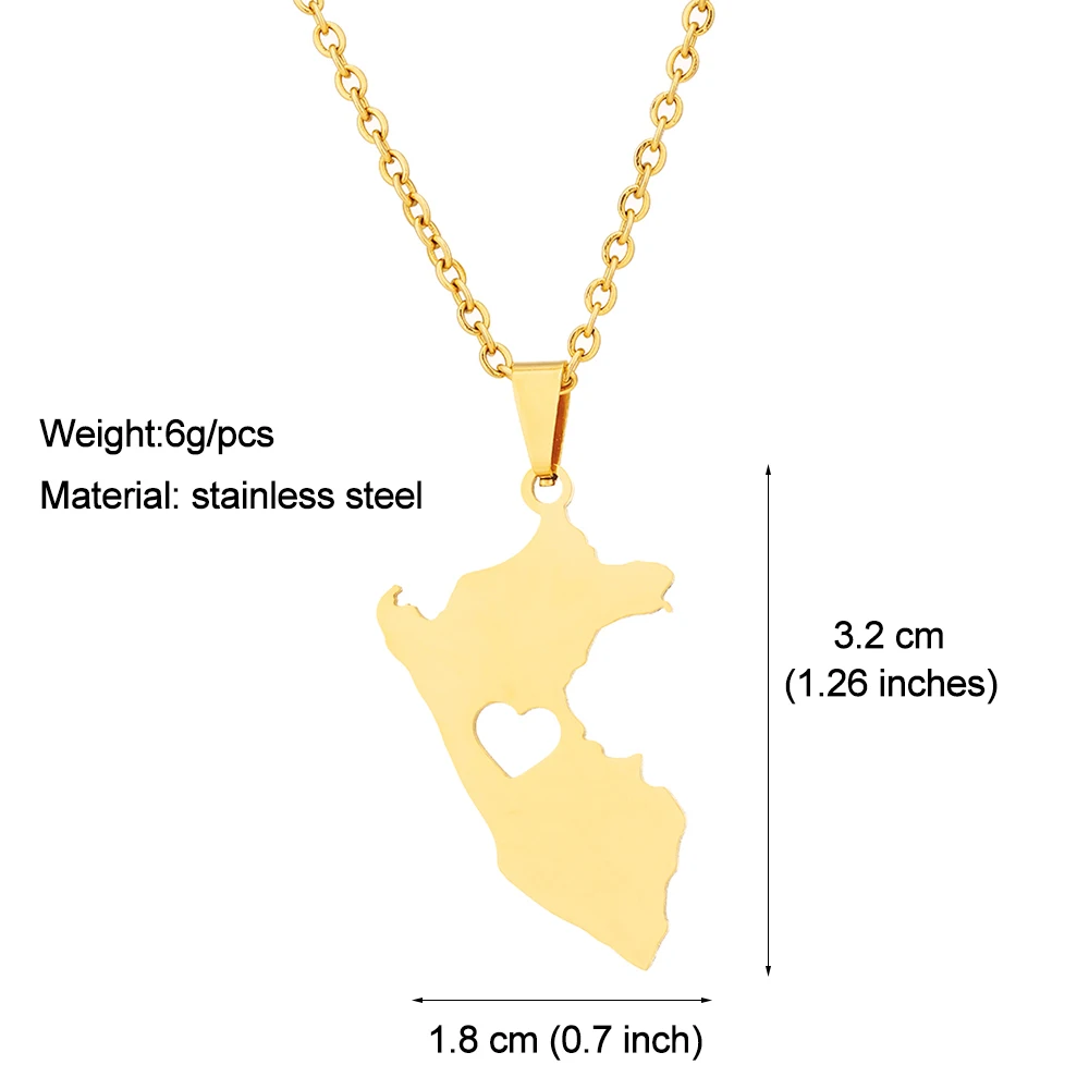 Peru Map Heart Pendant Necklace Stainless Steel For Women Men Gold Silver Color Charm Fashion Choker Jewelry Gift