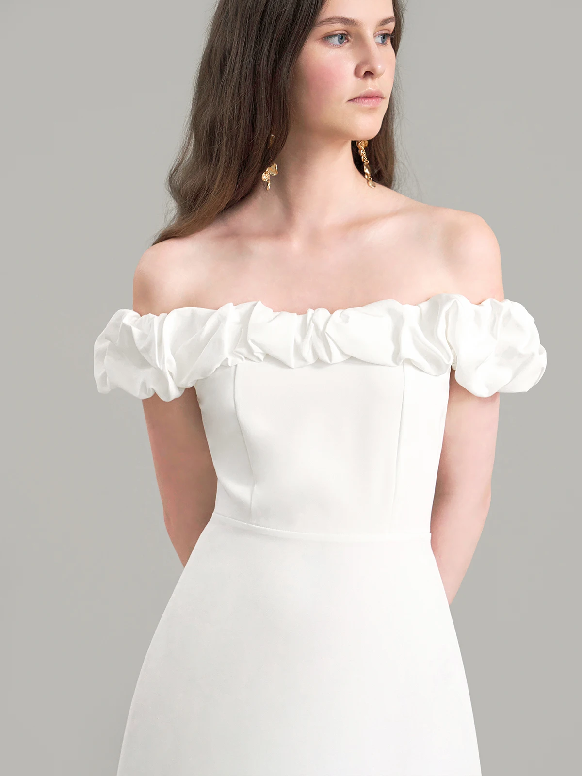 

TANSSHOP White Dress Shoulder Bared One Shoulder Elastic Slimming Two Lengths Dress Korean Style Polyester Fiber