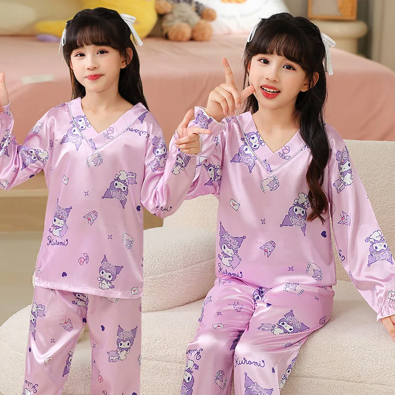 Sanrio-Pijama de manga larga para niña, ropa de casa de seda de hielo, bonito regalo de dibujos animados, primavera y otoño, novedad