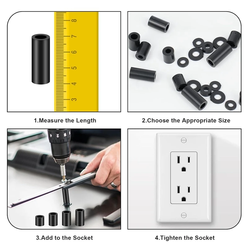 Nylon Spacers, Plastic Spacers Washers Assortment Kit 345 Pcs Electrical Outlet Screw Spacers, M3 M4 Black Round Spacer Kit