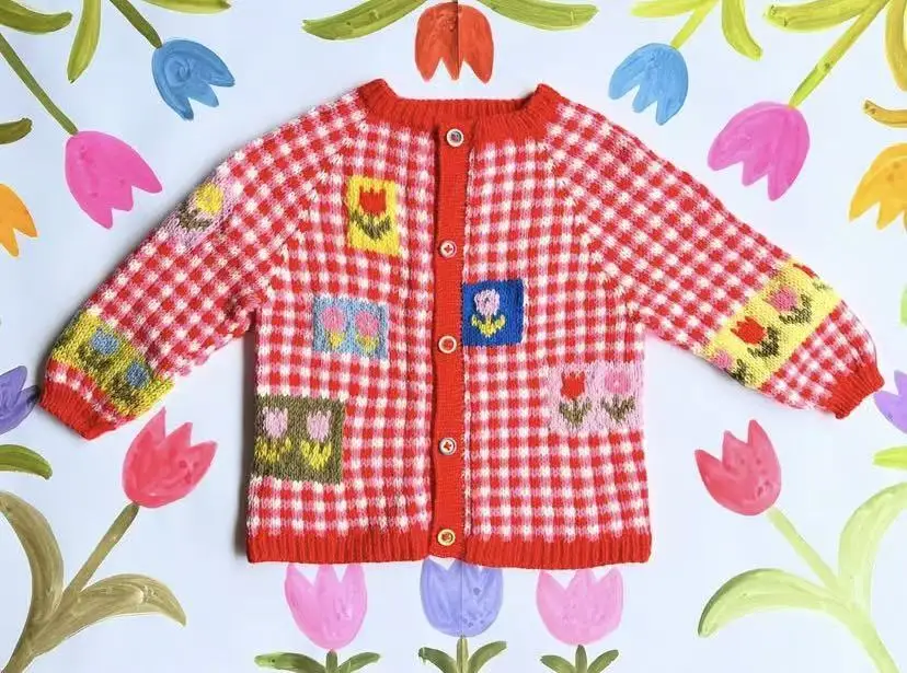 Cute opening flower embroidery pattern sweater with buttons cardigan made of pure wool hand woven, creating a young student atmo