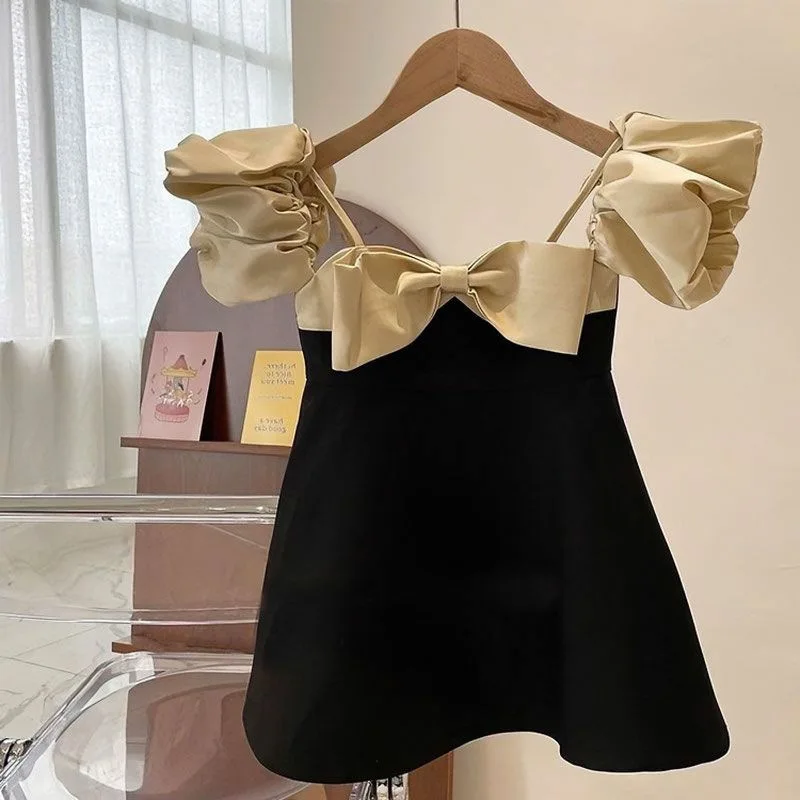 

Girls' Summer Dress, Baby's Trendy Fashionable Children's Personalized Bow Off-Shoulder Puff Sleeve Princess Dress