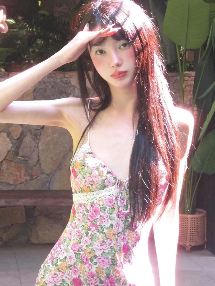 夏らしい花柄ロングドレス レディース ストラップ付き マーメイド ビーチドレス スリム ビーチスカート Vネック Aライン ガウン 袖なし