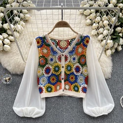 Chic Vintage Hollow Crochet Tassel Capes Blouse Lantern Long Sleeve Korean Fashion Shirt Sexy Elegant Autumn Women Crop Top Y2k