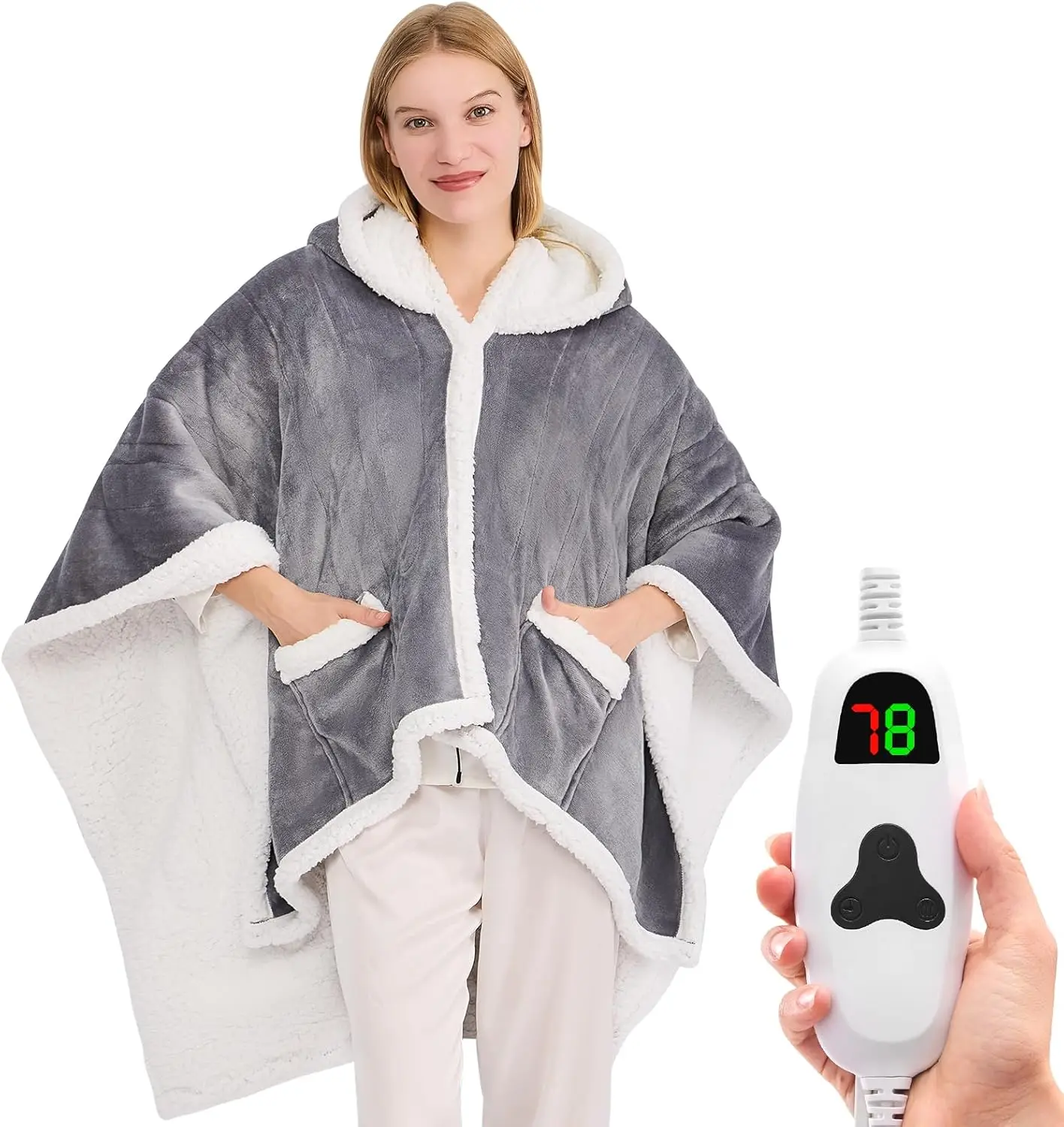 

Electric Heated Poncho Blanket for Adults, 5 Timer Settings & 10 Heat Levels, Grey Wearable Shawl Gift