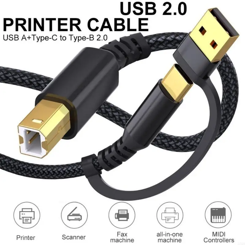 2 في 1 USB إلى USB B سلك تحكم كابل الطابعة المضفر للطابعات المكتبية وواجهات الصوت
