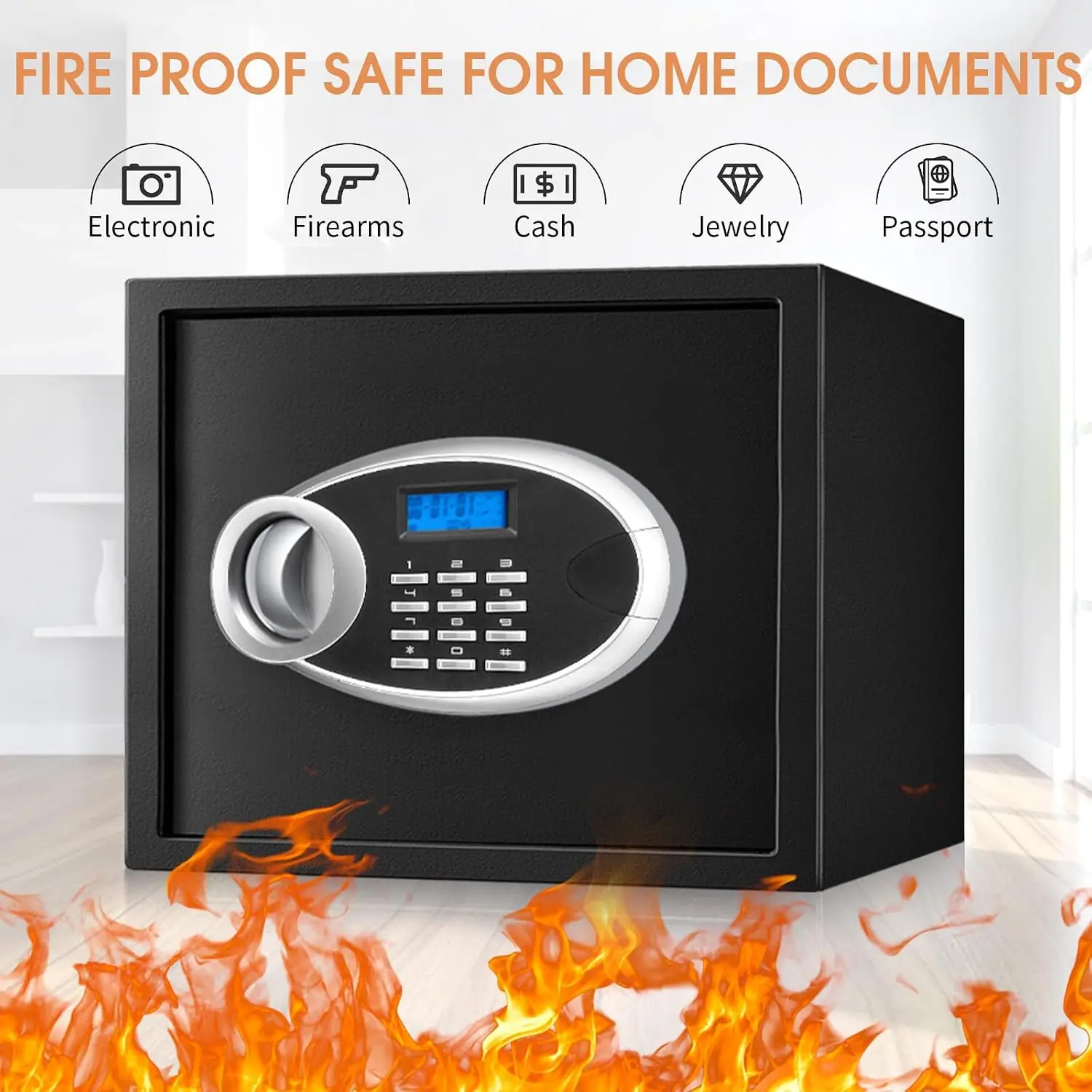 1.6 Cuft Fire proof Safes for HOME USE, Anti-Theft Digital Personal Security Safety Box with Electronic Keypad and Spare Keys, H