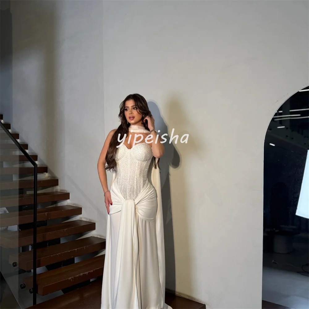 맞춤형 매칭 섹시한 저지 플리츠 주름 장식 비즈 장식 스팽글 장식 A라인 스트랩리스 롱 드레스 맞춤형 행사 드레스 정교한