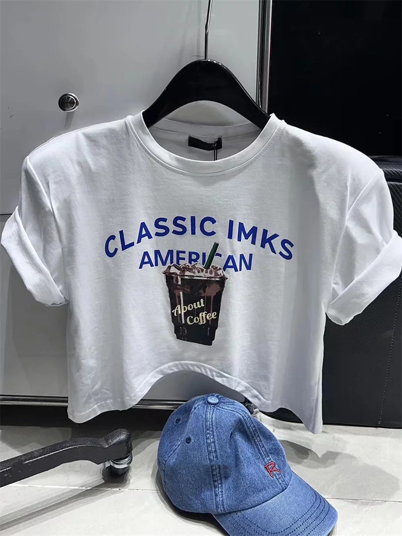 

Женская укороченная футболка Spicy Girl в американском ретро-стиле с буквенным принтом и подплечниками, летняя новинка