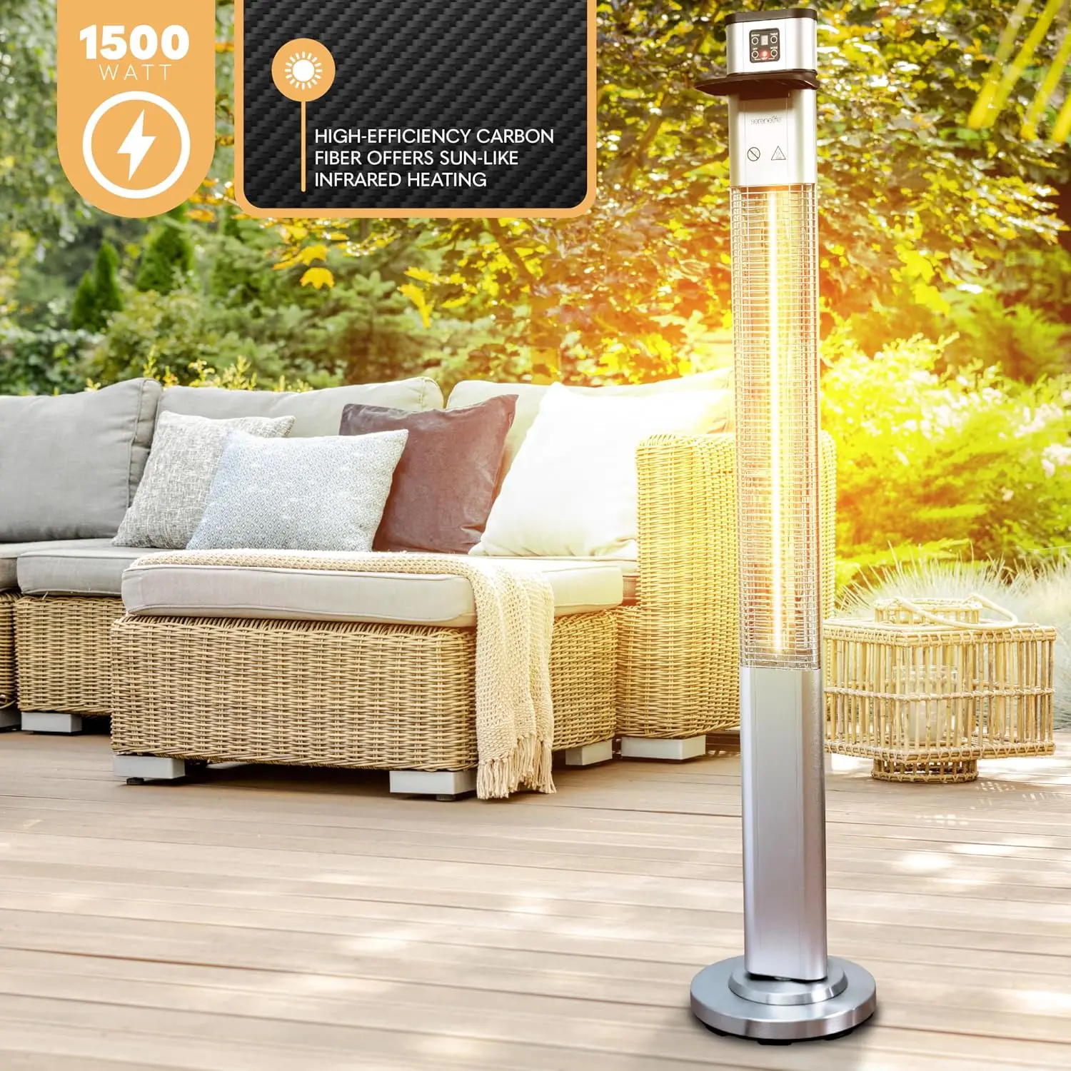 Infrared Patio Heater, 1500W Electric Standing with Remote Control, IP44 Approved, Odorless, Three Power Settings, Indoor/Outdoo
