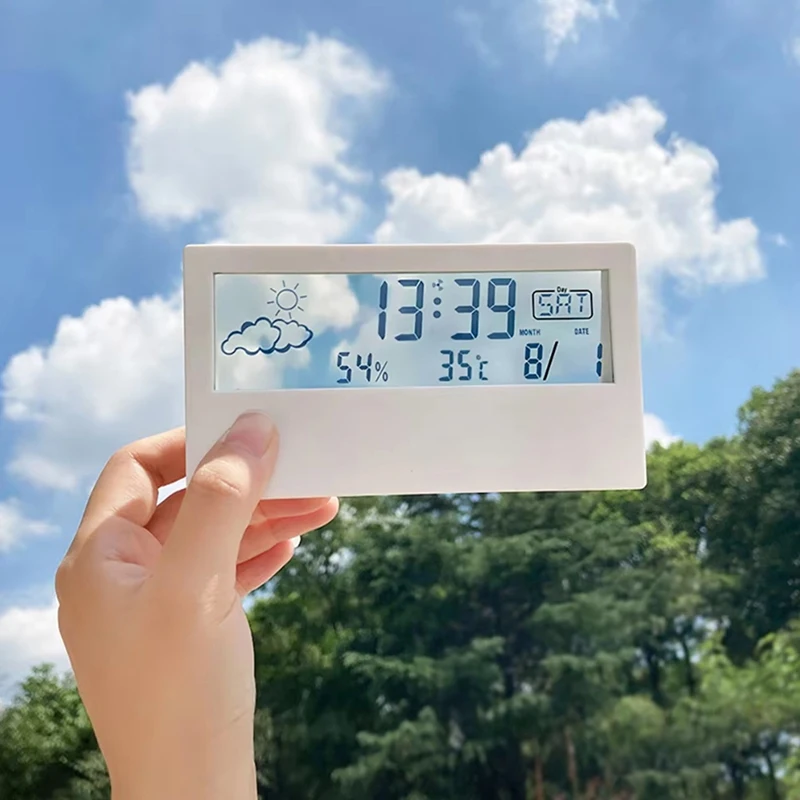 LED เครื่องวัดอุณหภูมิเทอร์โมไฮโกรมิเตอร์มัลติฟังก์ชั่นอิเล็กทรอนิกส์อุณหภูมิความชื้นเมตรสถานีอากาศพร้อมนาฬิกาปลุก