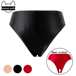 Masked staffs glossy briefs pants with buttocks sexy Silky solid bikini Open crotch tights underpants  Oily briefs