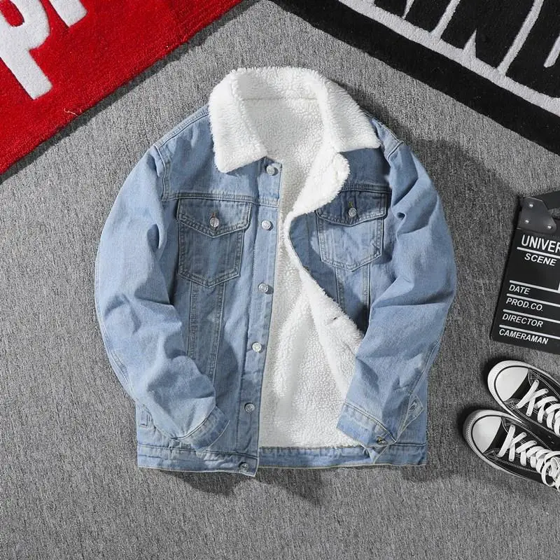 Men's Denim Jacket Autumn Winter Thickened Fleece Collar Cotton Jacket Loose Fit Warm Korean Style Lamb Velvet Lined Coat