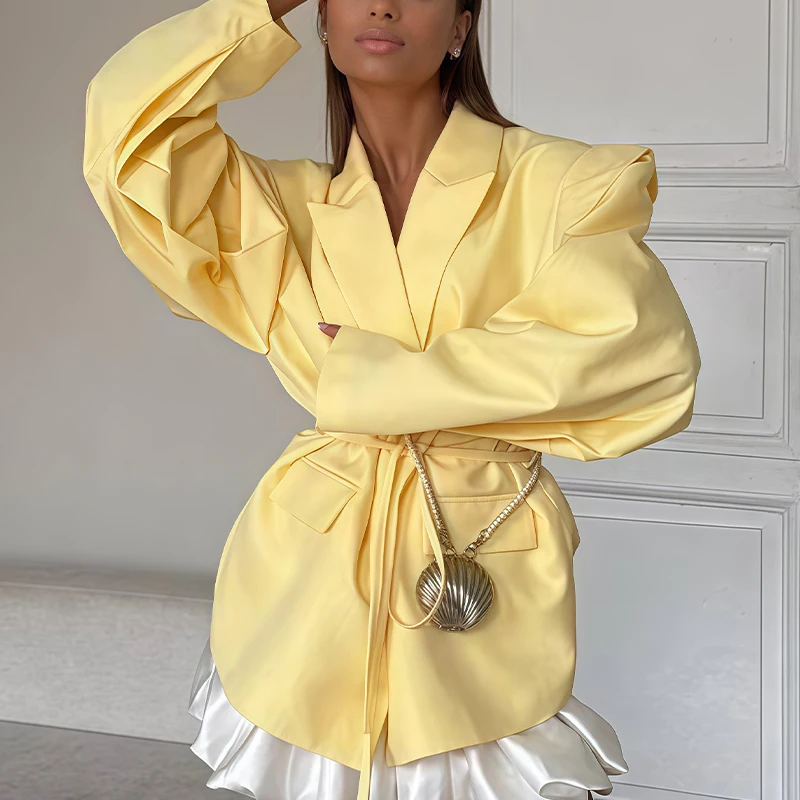 Blazer de moda para mujer, chaqueta de manga larga con hombros anchos y lazo en la cintura, elegante y versátil, adecuado para el lugar de trabajo y ropa informal