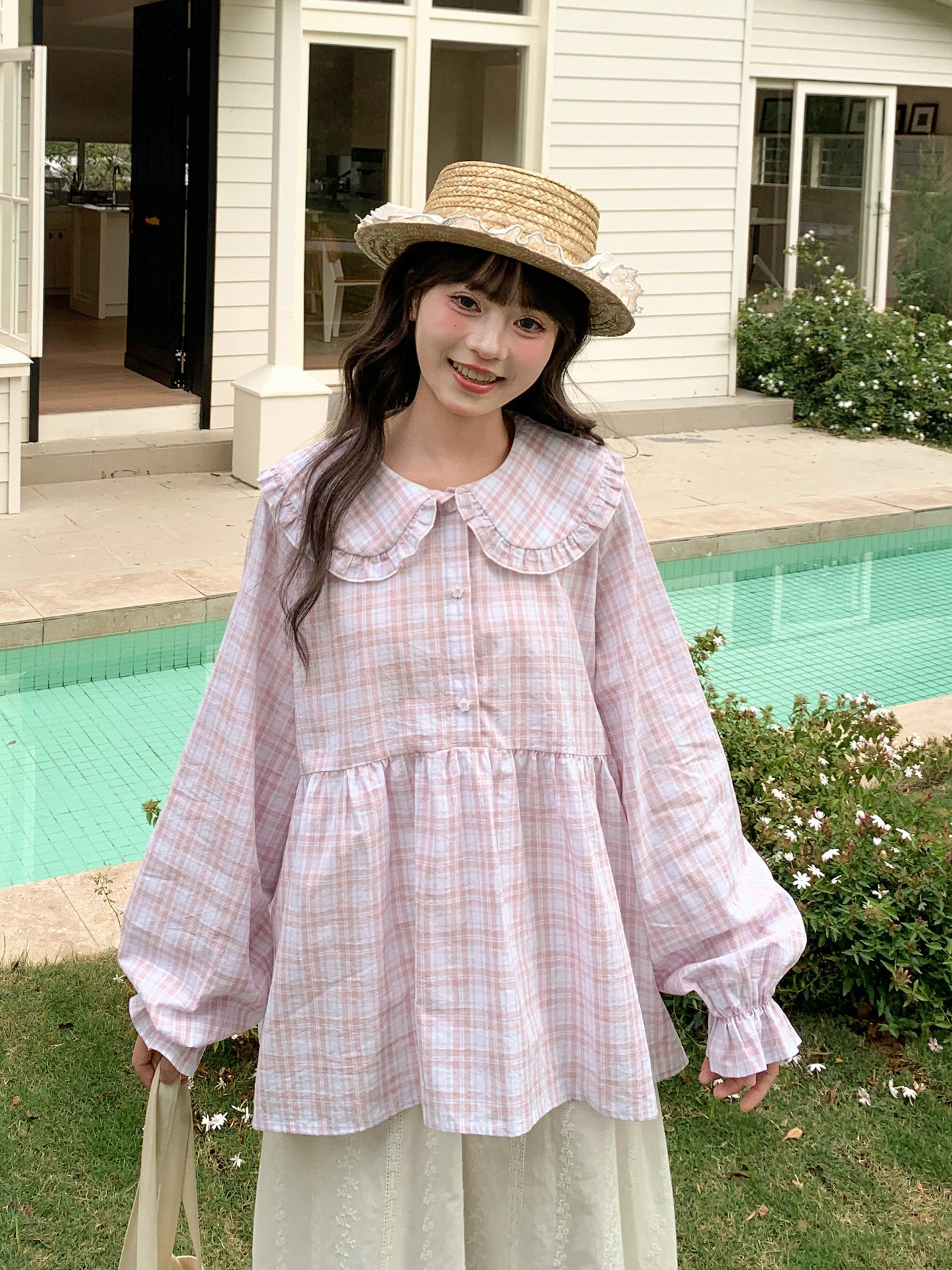 

Sweet Sle Pure Cotton Long Sve irt Women's Loose Fit Gingham Pattern Doll Collar Spring Faion Casual Top
