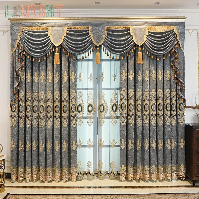 

European Style Curtains for Living Dining Room Bedroom Light Luxury Gold Thread Embroidered Curtains Window Custom Made