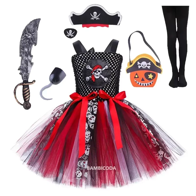 RT01 Costume cosplay pirata di Halloween per bambini 2025 Nuove ragazze Moda Maglia Color Block Gonna di pizzo Carnevale Compleanno Palcoscenico * JK2