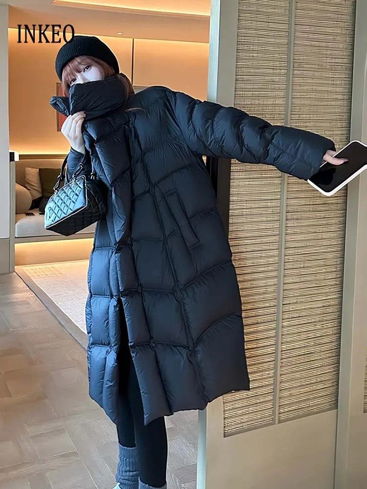 Oversize gola alta para baixo jaqueta para mulher 2026 preto longo puffer casaco grosso quente de alta qualidade outerwear bege INKEO DJ625