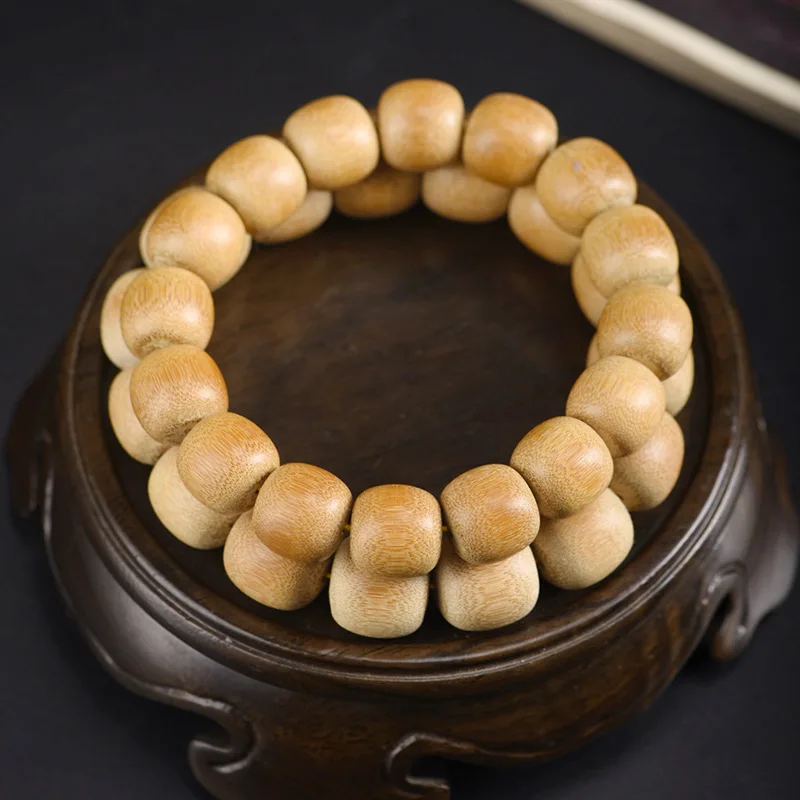 Buddhist Rosary Solid Golden Silk Jade Bamboo Oval Beads Hand Playable Wooden Rosary Bracelet